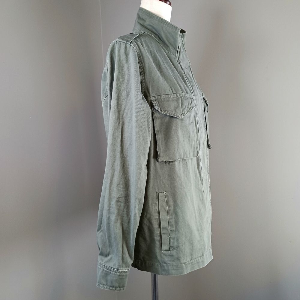 Cotton Utility Jacket Snaps Zip Pockets Army Drab Green Military Epaulets Size M - Picture 3 of 11